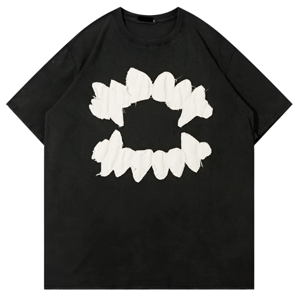 'FANGS' Distressed Embroidered Oversized T-Shirt